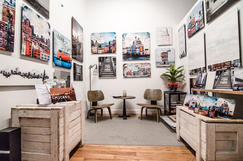 A chic art gallery showcasing urban landscape paintings with modern interior design.